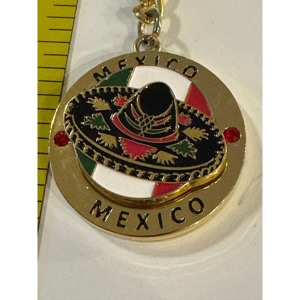 Mexico Souvenir Keychain Gold Tone Spinning Sombrero Flag Medallion Rhinestone